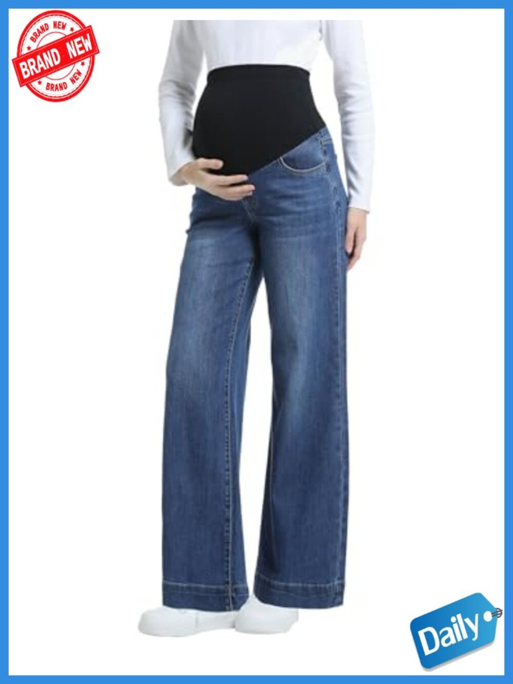 Wide Leg Maternity Jeans Over The Belly High Rise Stretchy Denim Pockets
